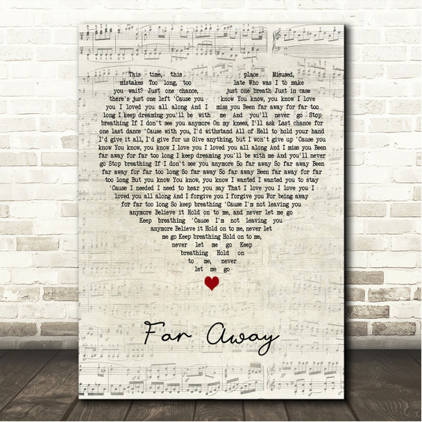 Nickleback Far Away Script Heart Song Lyric Wall Art Canvas Framed Print