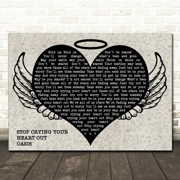Oasis Stop Crying Your Heart Out Heart Angel Wings Halo Memorial Song Lyric Wall Art Canvas Framed Print