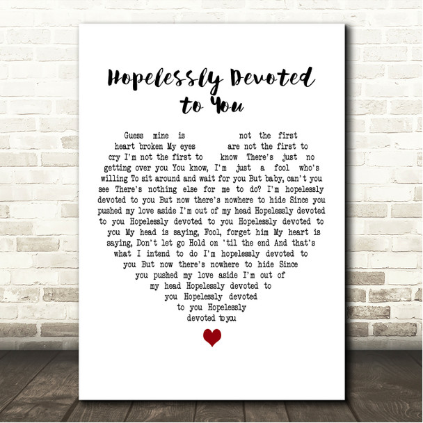 Olivia Newton-John Hopelessly Devoted to You White Heart Song Lyric Wall Art Canvas Framed Print