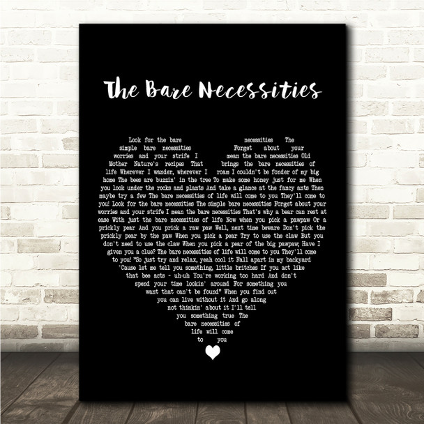 Phil Harris & Bruce Reitherman The Bare Necessities Black Heart Song Lyric Wall Art Canvas Framed Print