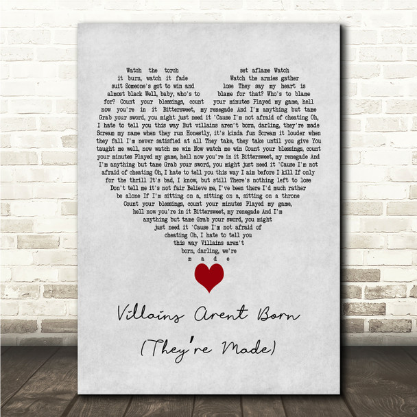 PEGGY Villains Arent Born (Theyre Made) Grey Heart Song Lyric Wall Art Canvas Framed Print