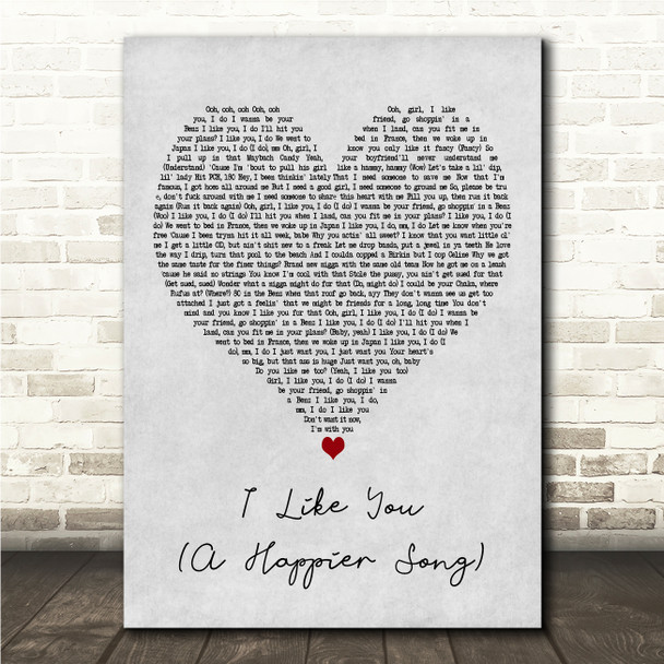 Post Malone I Like You (A Happier Song) Grey Heart Song Lyric Wall Art Canvas Framed Print