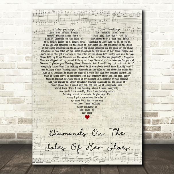 Paul Simon Diamonds On The Soles Of Her Shoes Script Heart Song Lyric Wall Art Canvas Framed Print