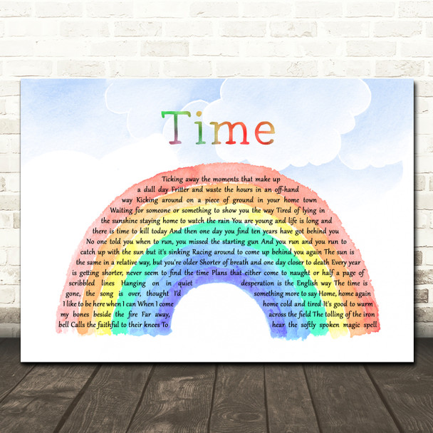 Pink Floyd Time Watercolour Rainbow & Clouds Song Lyric Wall Art Canvas Framed Print