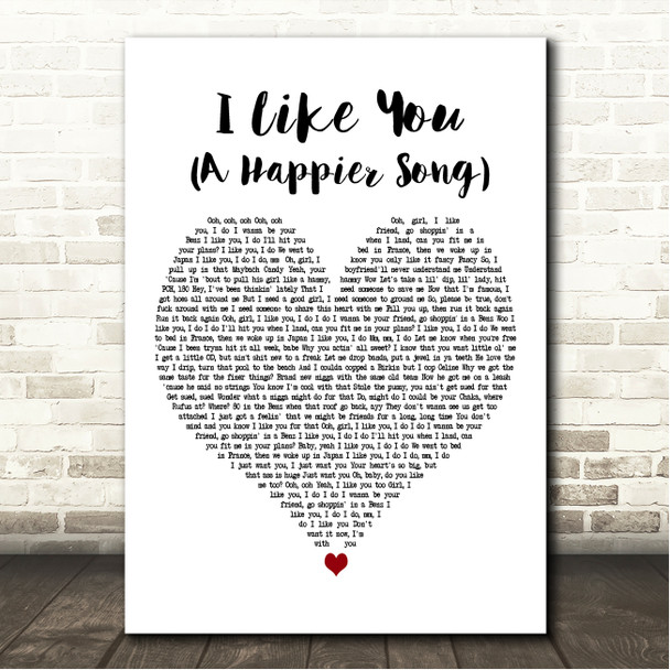 Post Malone I Like You (A Happier Song) White Heart Song Lyric Wall Art Canvas Framed Print