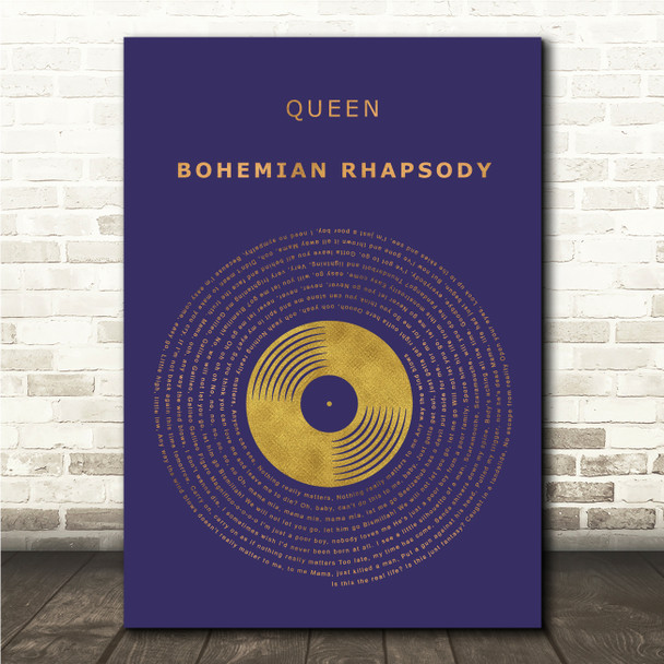 Queen Bohemian Rhapsody Blue & Copper Gold Vinyl Record Song Lyric Wall Art Canvas Framed Print