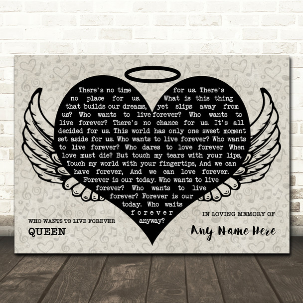 Queen Who Wants To Live Forever Heart Angel Wings Halo Memorial Song Lyric Wall Art Canvas Framed Print