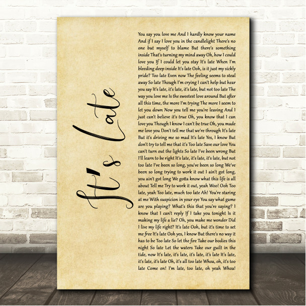 Queen Its Late Rustic Script Song Lyric Wall Art Canvas Framed Print