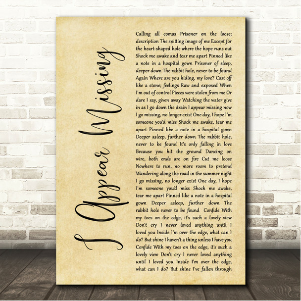 Queens of the Stone Age I Appear Missing Rustic Script Song Lyric Wall Art Canvas Framed Print
