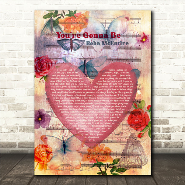 Reba McEntire You're Gonna Be Bright Floral Heart Rose Vintage Song Lyric Wall Art Canvas Framed Print