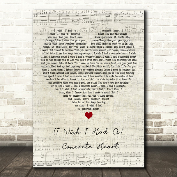 Rick Springfield (I Wish I Had A) Concrete Heart Script Heart Song Lyric Wall Art Canvas Framed Print