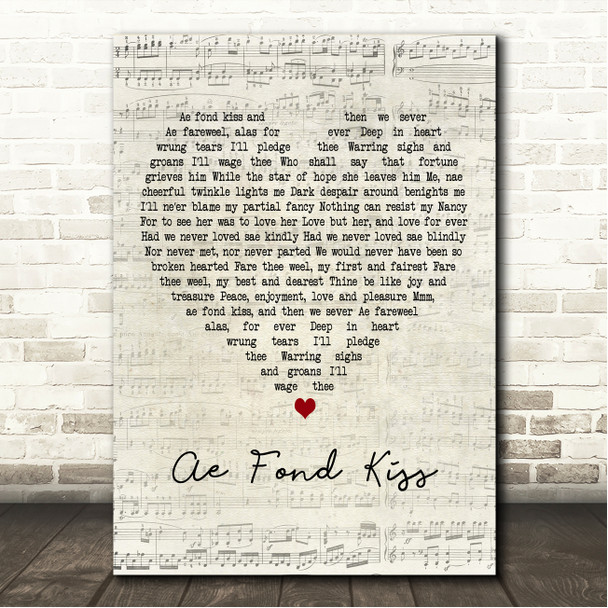 Robert Burns Ae Fond Kiss Script Heart Song Lyric Wall Art Canvas Framed Print