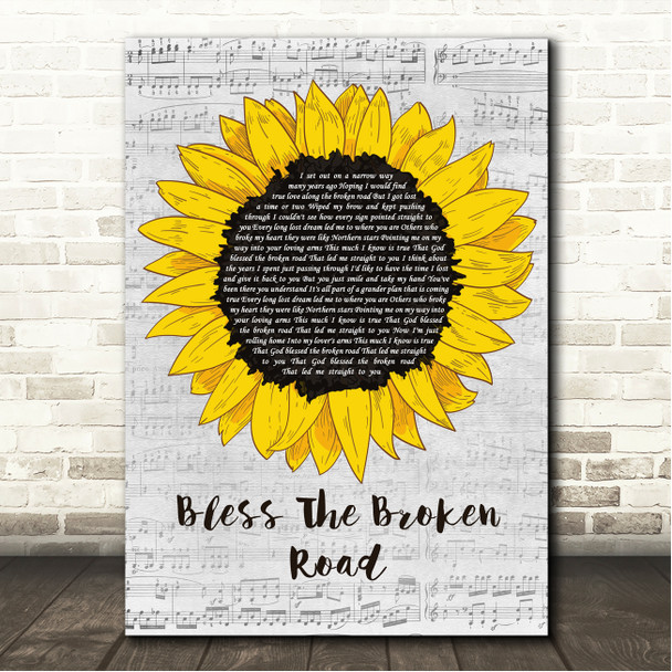 Rascal Flatts Bless The Broken Road Grey Script Sunflower Song Lyric Wall Art Canvas Framed Print