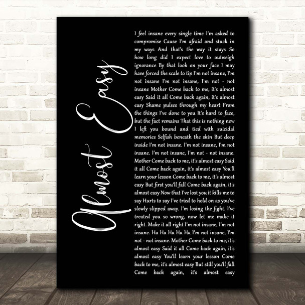 Avenged Sevenfold Almost Easy Black Script Song Lyric Print