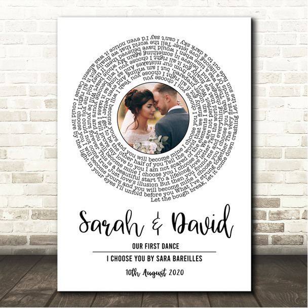 Sara Bareilles I Choose You White Vinyl Record Wedding First Dance Photo Song Lyric Wall Art Canvas Framed Print