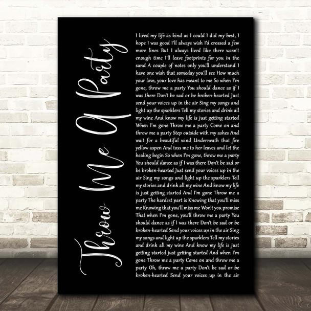 Rita Wilson Throw Me A Party Black Script Song Lyric Print