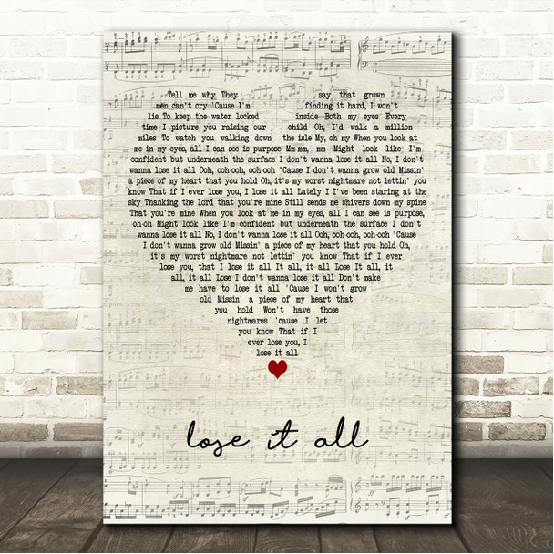 Sam Tompkins lose it all Script Heart Song Lyric Wall Art Canvas Framed Print