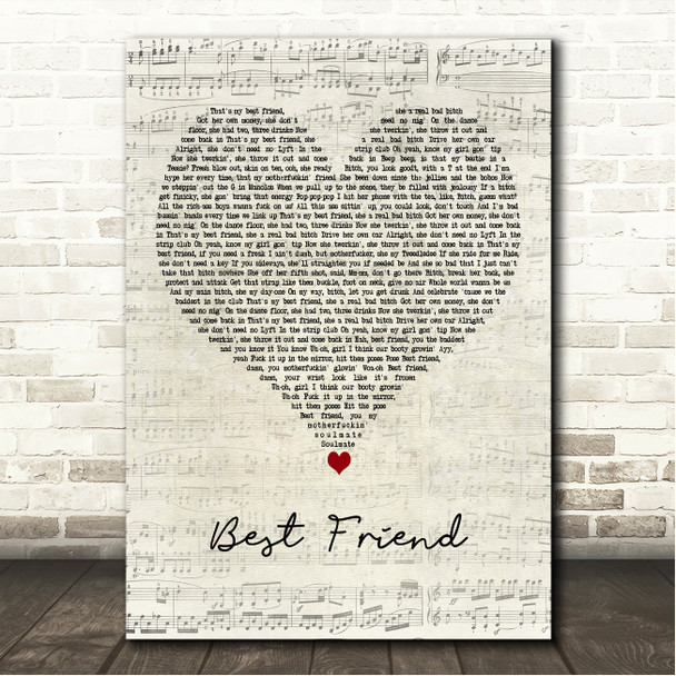 Saweetie Best Friend Script Heart Song Lyric Wall Art Canvas Framed Print