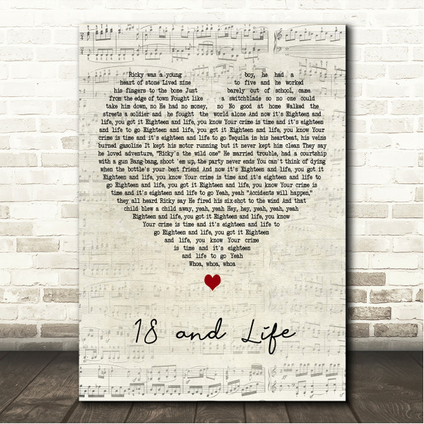Skid Row 18 and Life Script Heart Song Lyric Wall Art Canvas Framed Print