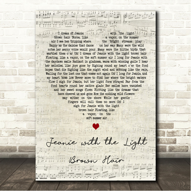 Stephen Foster Jeanie with the Light Brown Hair Script Heart Song Lyric Wall Art Canvas Framed Print
