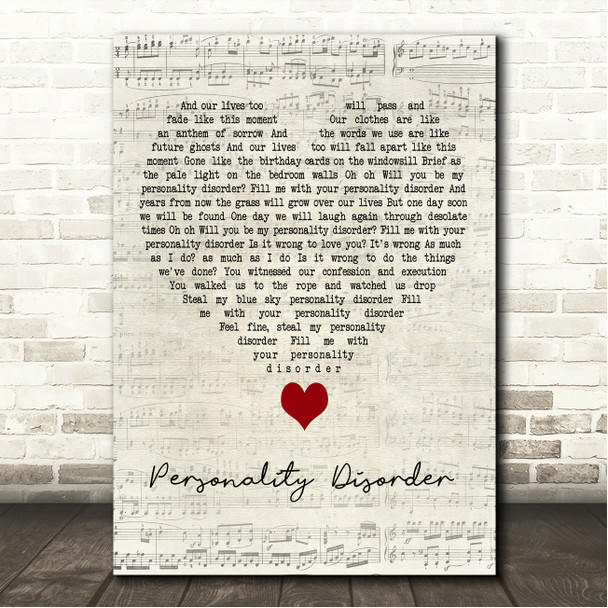 Suede Personality Disorder Script Heart Song Lyric Wall Art Canvas Framed Print