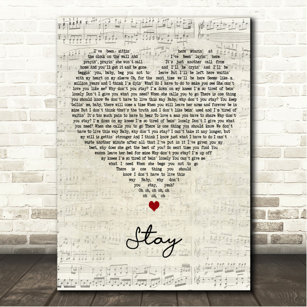 Sugarland Stay Script Heart Song Lyric Wall Art Canvas Framed Print