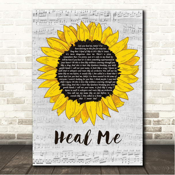 Snow Patrol Heal Me Grey Script Sunflower Song Lyric Wall Art Canvas Framed Print