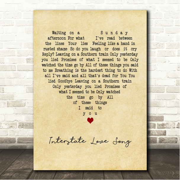 Stone Temple Pilots Interstate Love Song Vintage Heart Song Lyric Wall Art Canvas Framed Print
