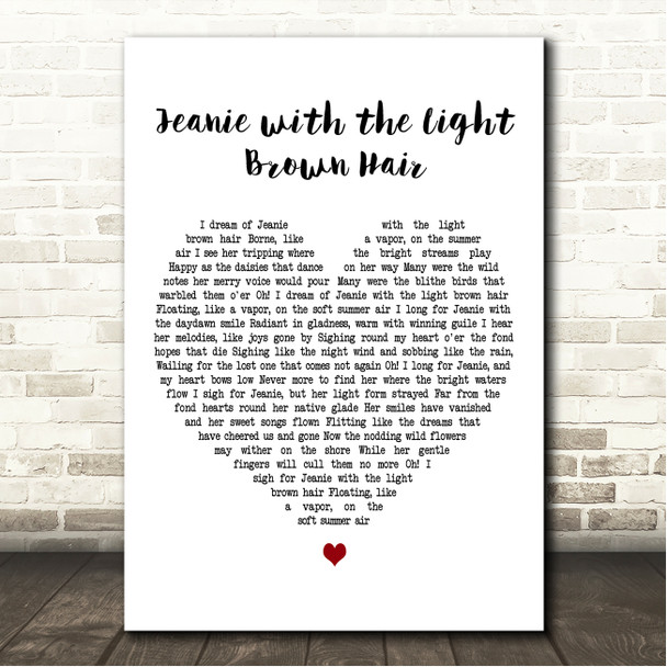 Stephen Foster Jeanie with the Light Brown Hair White Heart Song Lyric Wall Art Canvas Framed Print