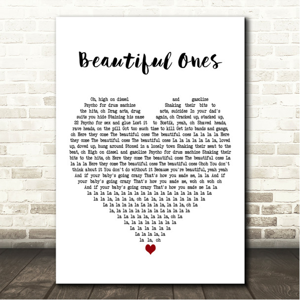 Suede Beautiful Ones White Heart Song Lyric Wall Art Canvas Framed Print