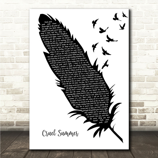 Taylor Swift Cruel Summer Black & White Feather & Birds Song Lyric Wall Art Canvas Framed Print