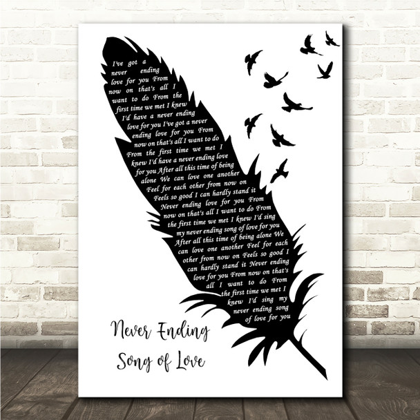 The New Seekers Never Ending Song of Love Black & White Feather & Birds Song Lyric Wall Art Canvas Framed Print