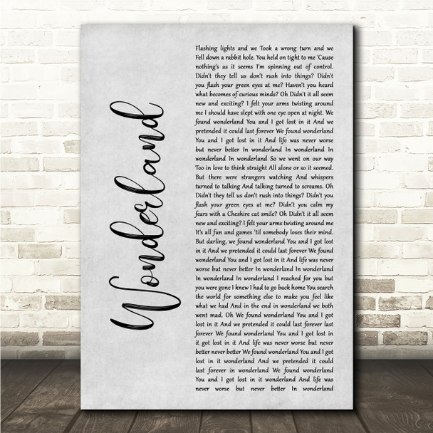 Taylor Swift Wonderland Grey Rustic Script Song Lyric Wall Art Canvas Framed Print
