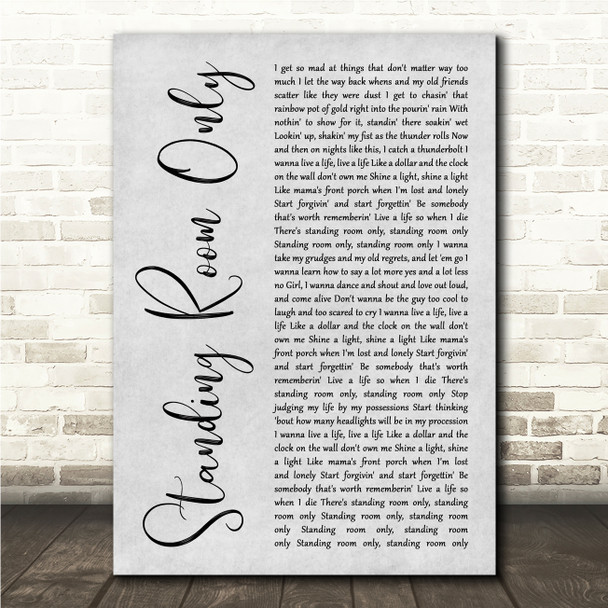 Tim McGraw Standing Room Only Grey Rustic Script Song Lyric Wall Art Canvas Framed Print