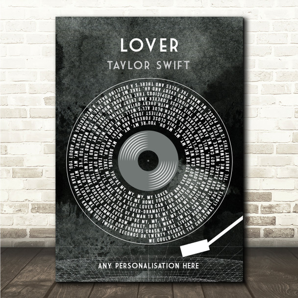 Taylor Swift Lover Grunge Grey Vinyl Record Song Lyric Wall Art Canvas Framed Print