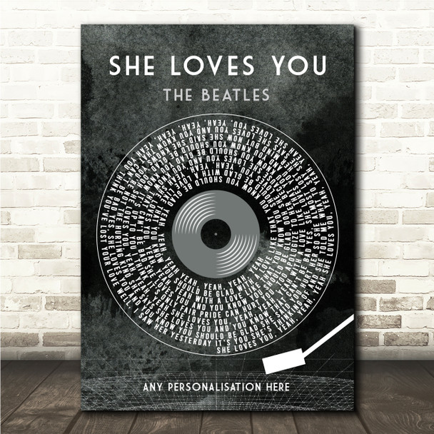 The Beatles She Loves You Grunge Grey Vinyl Record Song Lyric Wall Art Canvas Framed Print