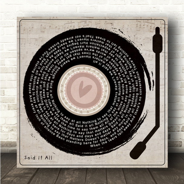 Take That Said It All Heart Vinyl Record & Needle Square Song Lyric Wall Art Canvas Framed Print