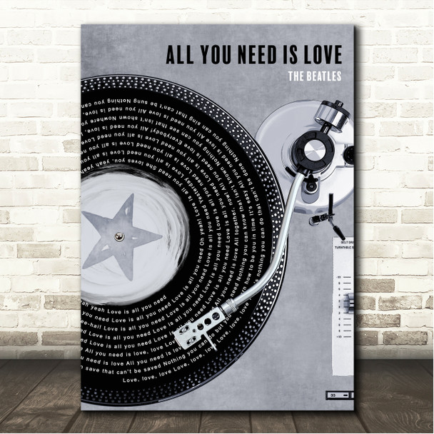 The Beatles All You Need Is Love Rustic Grey Blue Vinyl Record Song Lyric Wall Art Canvas Framed Print