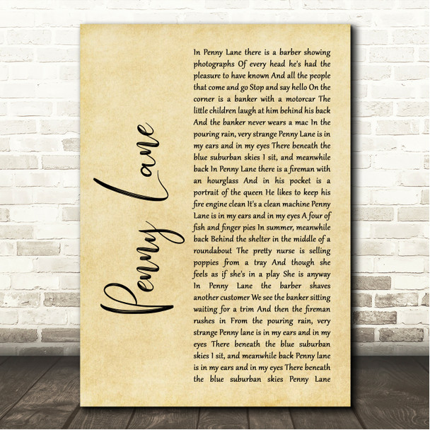 The Beatles Penny Lane Rustic Script Song Lyric Wall Art Canvas Framed Print