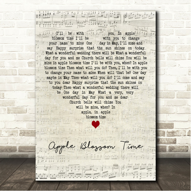 The Andrews Sisters Apple Blossom Time Script Heart Song Lyric Wall Art Canvas Framed Print