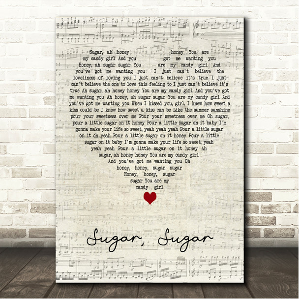 The Archies Sugar, Sugar Script Heart Song Lyric Wall Art Canvas Framed Print