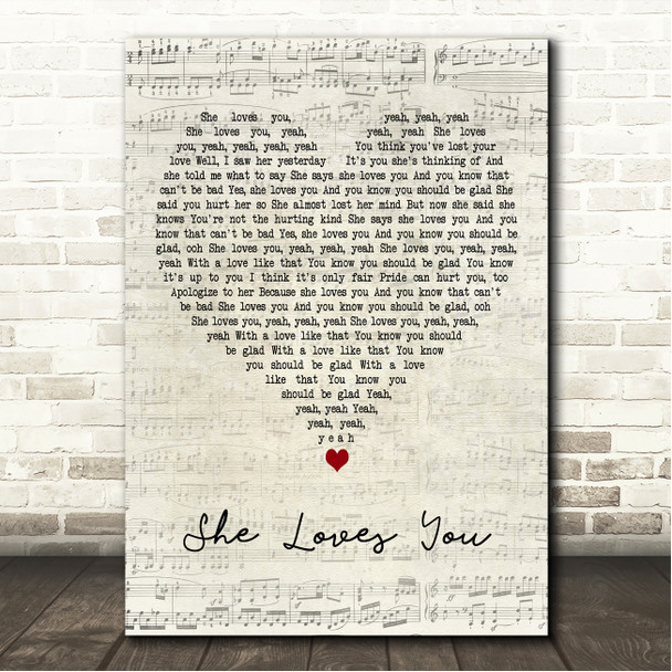 The Beatles She Loves You Script Heart Song Lyric Wall Art Canvas Framed Print