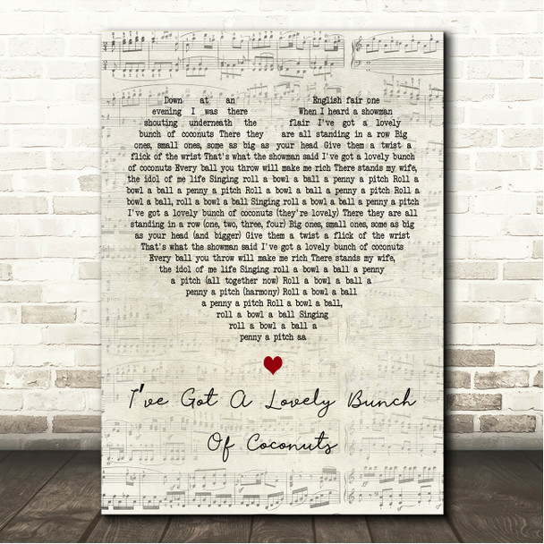 The Billy Cotton Band Ive Got A Lovely Bunch Of Coconuts Script Heart Song Lyric Wall Art Canvas Framed Print