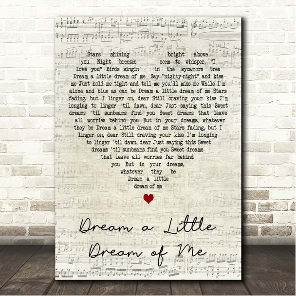 The Mamas & The Papas Dream a Little Dream of Me Script Heart Song Lyric Wall Art Canvas Framed Print