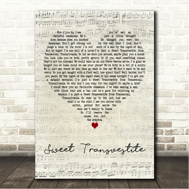 The Rocky Horror Picture Show Sweet Transvestite Script Heart Song Lyric Wall Art Canvas Framed Print