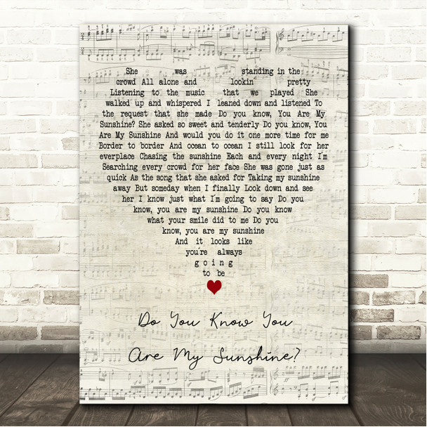 The Statler Brothers Do You Know You Are My Sunshine Script Heart Song Lyric Wall Art Canvas Framed Print