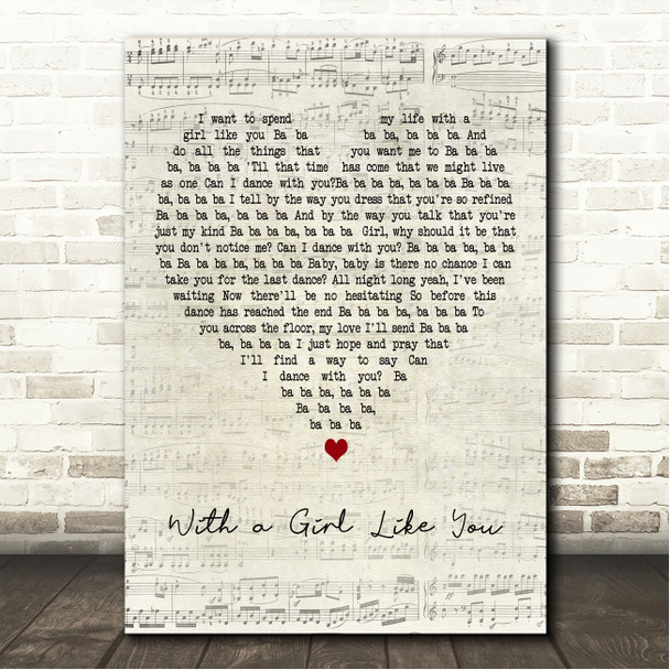 The Troggs With a Girl Like You Script Heart Song Lyric Wall Art Canvas Framed Print
