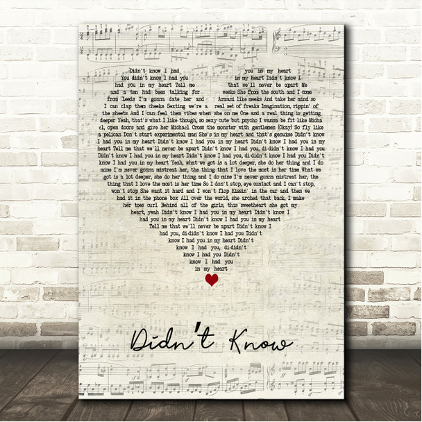 Tom Zanetti Didnt Know Script Heart Song Lyric Wall Art Canvas Framed Print