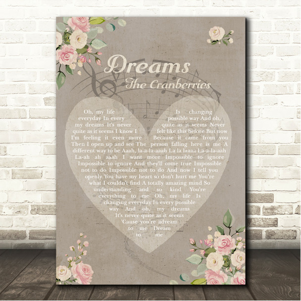 The Cranberries Dreams Shabby Chic Floral Heart Grey Song Lyric Wall Art Canvas Framed Print