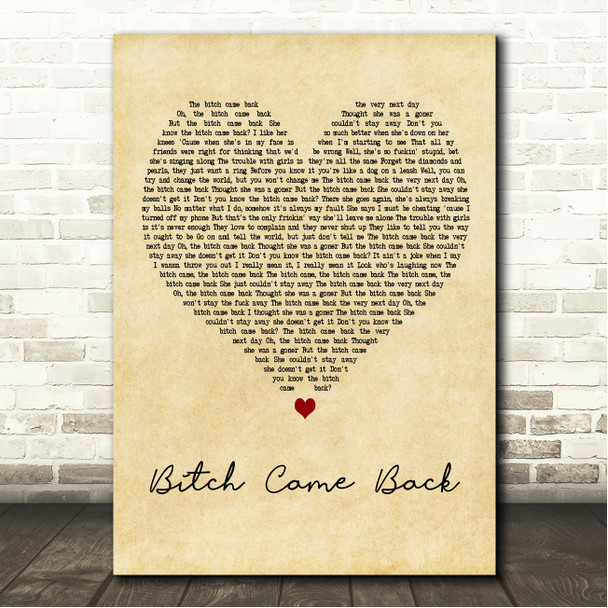 Theory of a Deadman Bitch Came Back Vintage Heart Song Lyric Wall Art Canvas Framed Print